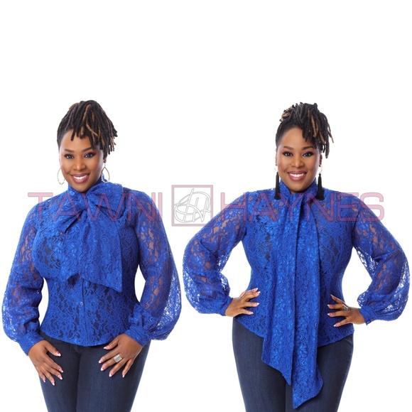 Royal Blue Lace Bow Blouse Blouses